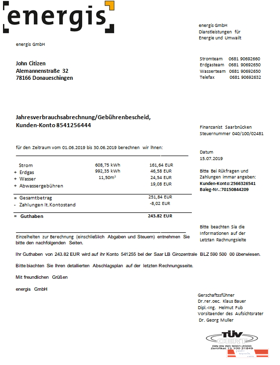 Germany Energis utility bill